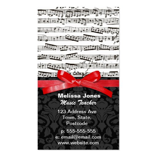 Music notes and faux red ribbon business card (front side)