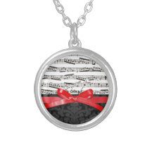 Music notes and faux red ribbon necklace