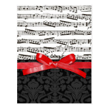 Music notes and faux red ribbon postcard