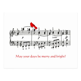 Music & Red Bird Christmas Postcard