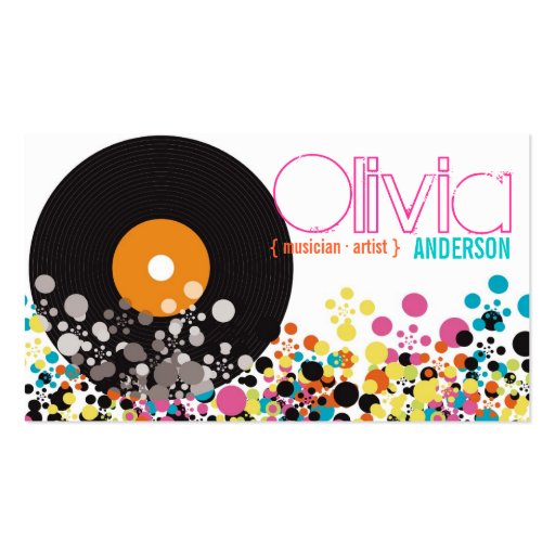Music Retro Vintage Vinyl Colorful Pop Dots Artist Business Card Template (front side)
