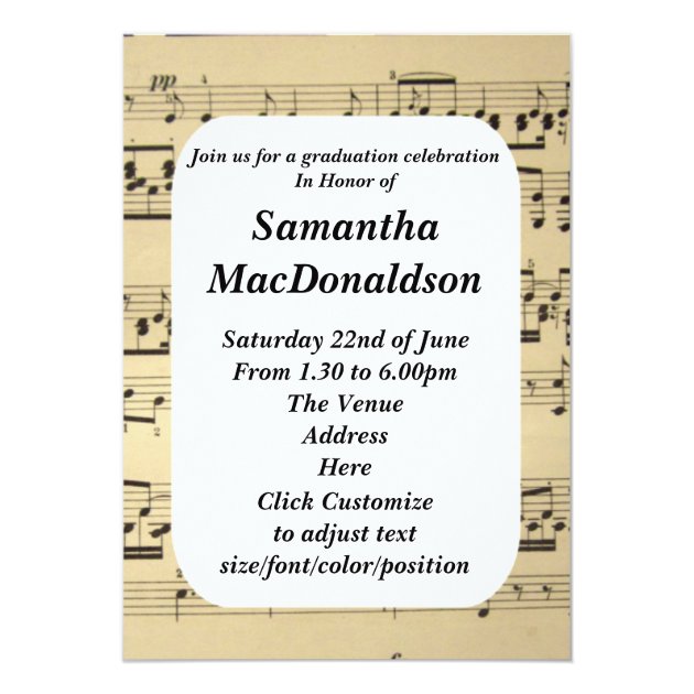 Music sheet photo graduation 5x7 paper invitation card