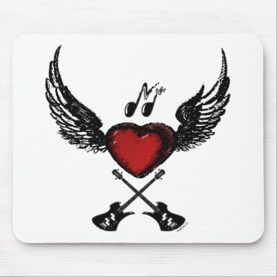 Cool design with winded heart, music symbols and guitars.