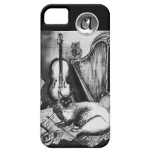 MUSICAL CAT WITH OWL IN BLACK WHITE GEM MONOGRAM iPhone 5 CASES