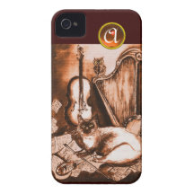 MUSICAL CAT WITH OWL IN BROWN SEPIA  GEM MONOGRAM iPhone 4 CASES