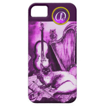 MUSICAL CAT WITH OWL IN PINK PURPLE GEM MONOGRAM iPhone 5 COVERS