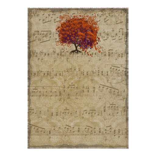 Musical Gold Dark Coral Heart Tree Wedding Invite