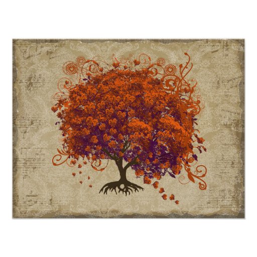 Musical Gold Dark Orange Plum Heart Leaf Tree Custom Invitation