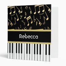Musical Notes and Piano Keys Black and Gold Vinyl Binders
