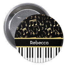 Musical Notes and Piano Keys Black and Gold Buttons