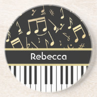 Musical Notes and Piano Keys Black and Gold Coaster