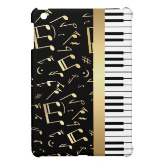 Musical Notes and Piano Keys Black and Gold iPad Mini Covers
