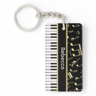 Musical Notes and Piano Keys Black and Gold Acrylic Key Chain