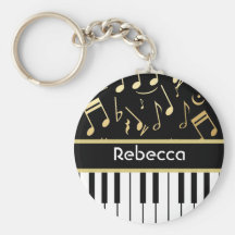 Musical Notes and Piano Keys Black and Gold Key Chains