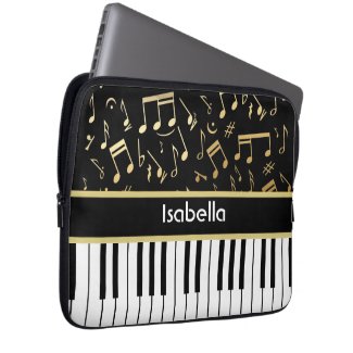 Musical Notes and Piano Keys Black and Gold Laptop Computer Sleeve