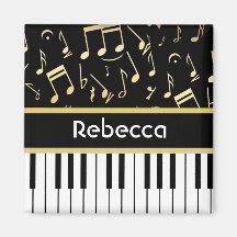 Musical Notes and Piano Keys Black and Gold Magnet