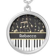 Musical Notes and Piano Keys Black and Gold Custom Necklace