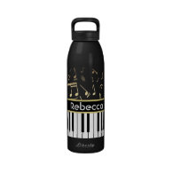 Musical Notes and Piano Keys Black and Gold Drinking Bottles