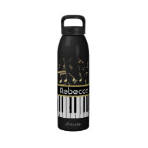 Musical Notes and Piano Keys Black and Gold Drinking Bottles