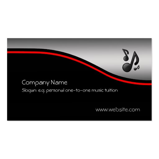 Musical Notes, red swoosh, metallic-look Business Cards (front side)