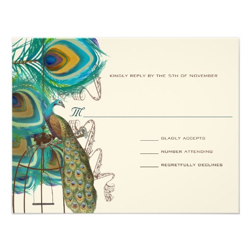 Musical Peacock Bird Cage Feather Wedidng RSVP Personalized Invite