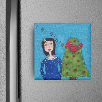 Musical Red Bird In Apple Tree Folk Art Magnet magnets