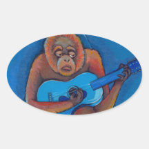 Musician art fun blues guitarist orangutan monkey oval stickers
