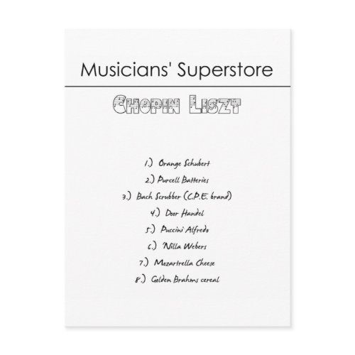 Musicians' Superstore Shopping List postcard