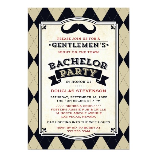 Mustache & Argyle Bachelor Party Invitation