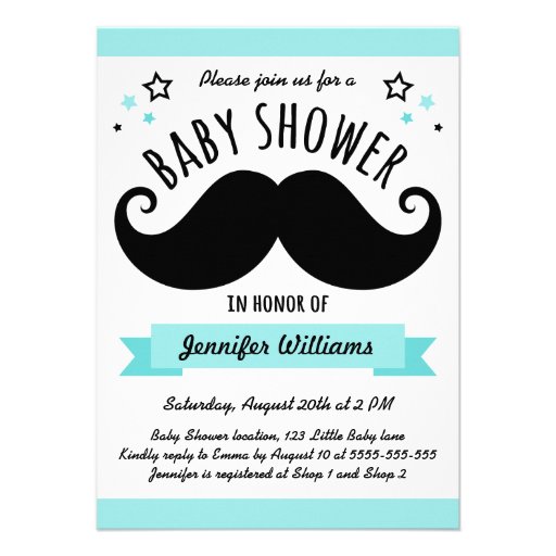 Mustache baby shower aqua blue invites