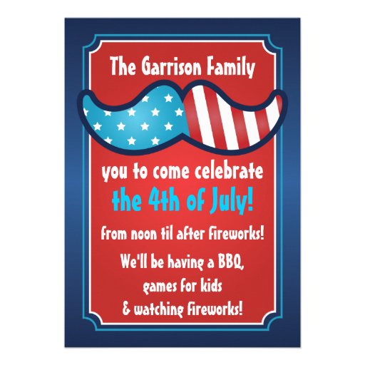 Mustache Bash 4th of July Party Invitations (front side)
