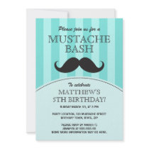Mustache bash birthday party invitation, aqua