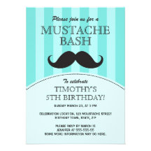 Mustache bash birthday party invitation, aqua
