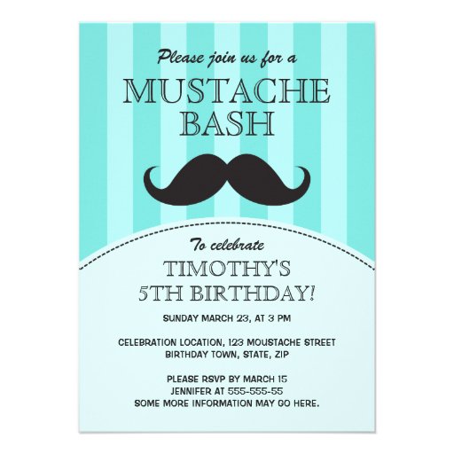 Mustache bash birthday party invitation, aqua