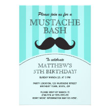 Mustache bash birthday party invitation, aqua