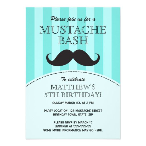 Mustache bash birthday party invitation, aqua