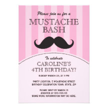 Mustache bash birthday party invitation, pink