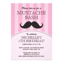 Mustache bash birthday party invitation, pink