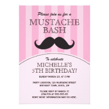 Mustache bash birthday party invitation, pink