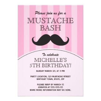 Mustache bash birthday party invitation, pink
