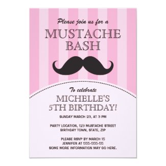 Mustache bash birthday party invitation, pink