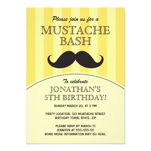 Mustache bash birthday party invitation, yellow