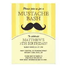 Mustache bash birthday party invitation, yellow