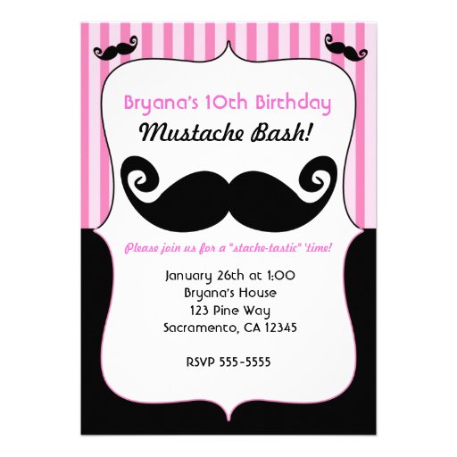 Mustache Bash Girls Pink White Black Invitations