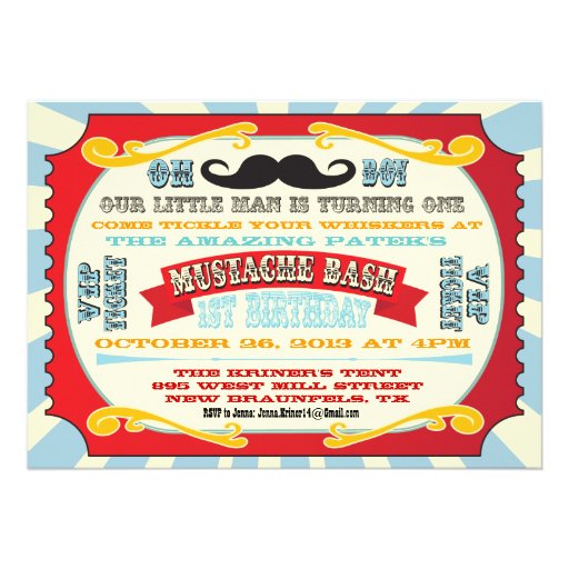 Mustache Bash Ticket Birthday Invitation