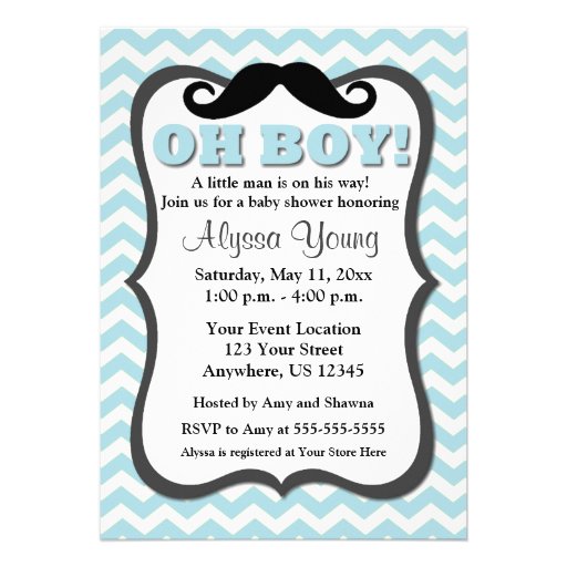 Mustache Blue Chevron Baby Shower Invite