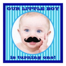 Mustache Boy Blue Stripe Birthday Invitation