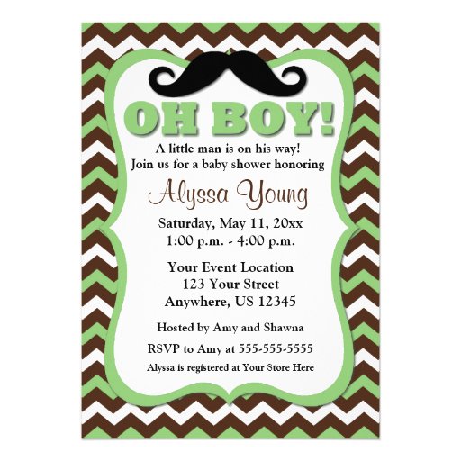 Mustache Brown Green Chevron Baby Shower Invite