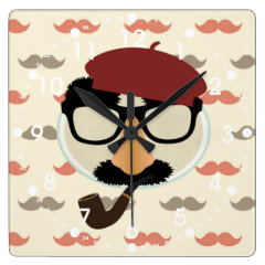 Mustache Disguise Glasses Pipe Beret Face Square Wall Clocks