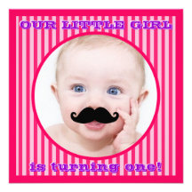 Mustache Girl Pink Stripe Birthday Invitation